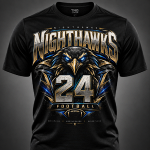 Black custom football team shirt with personalized Nighthawks design and player number 24