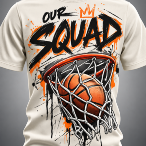 - Cream custom basketball shirt with Our Squad hoop and basketball graphic