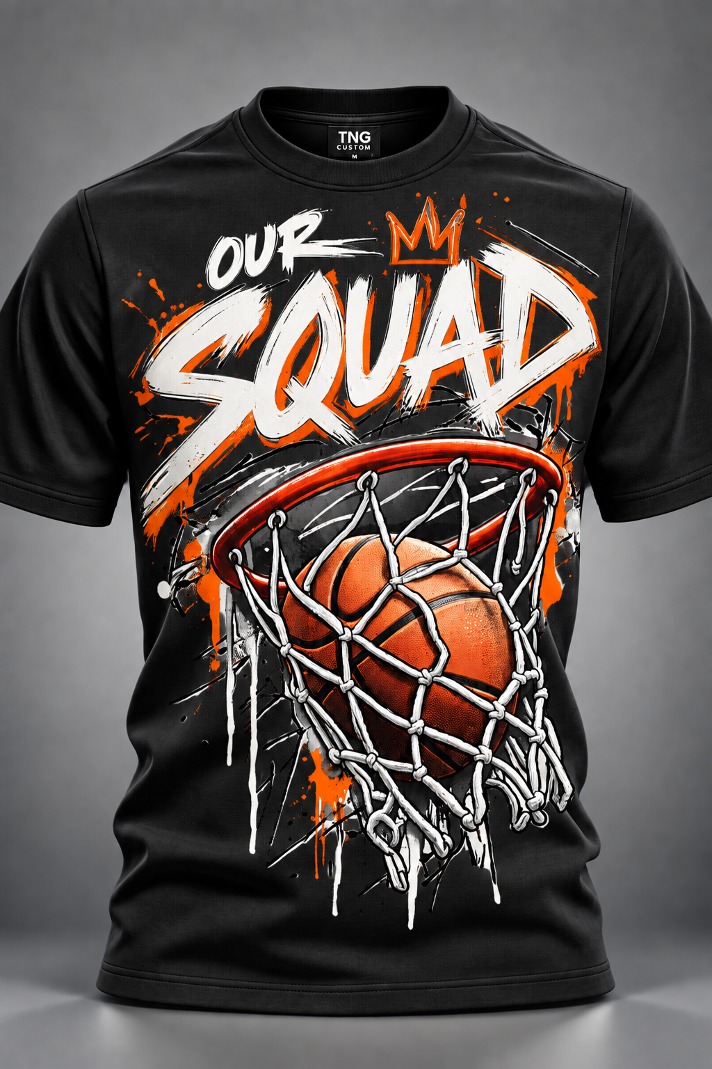 Black custom basketball shirt with Our Squad hoop and basketball graphic