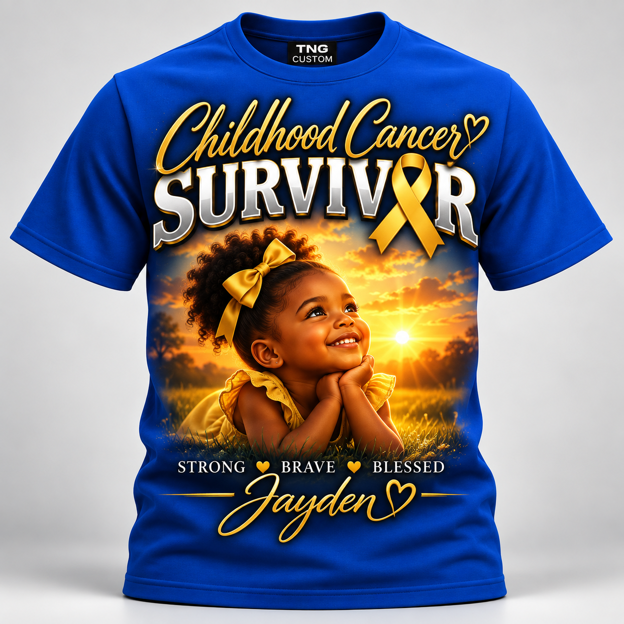 Blue childhood cancer survivor shirt with personalized gold ribbon and young girl design
