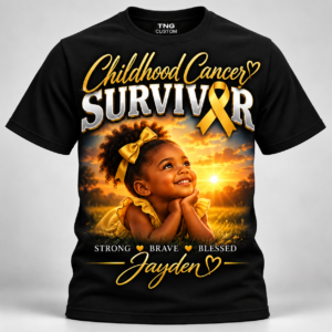 Black childhood cancer survivor shirt with personalized gold ribbon and young girl design