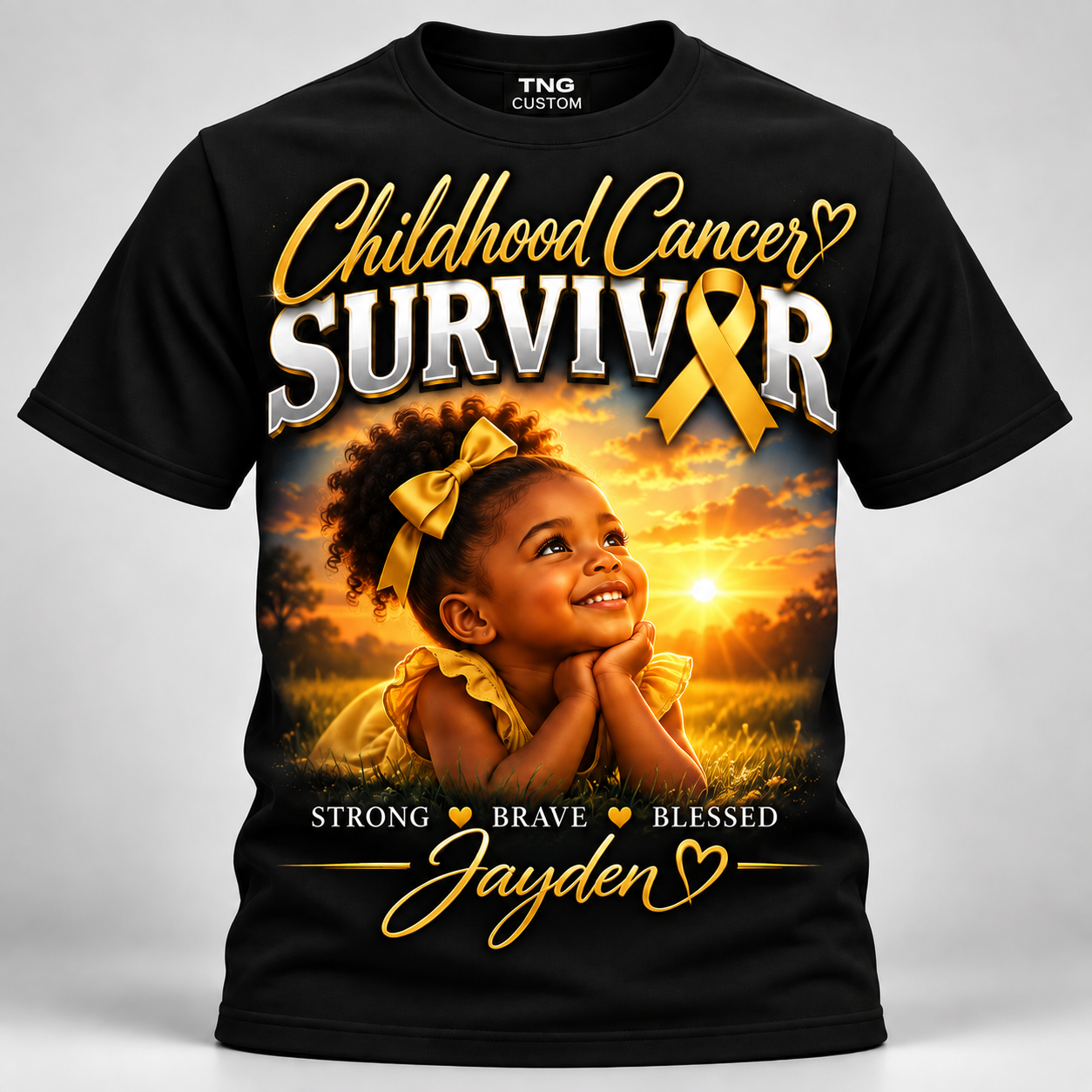 Black childhood cancer survivor shirt with personalized gold ribbon and young girl design