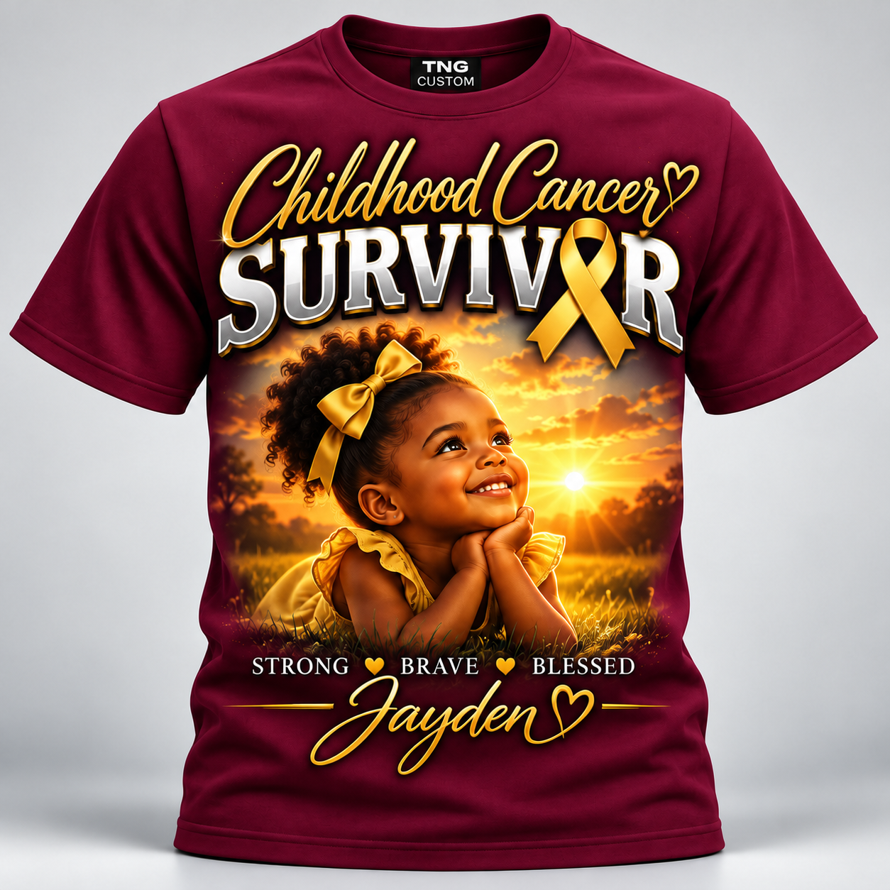 Burgundy childhood cancer survivor shirt with personalized gold ribbon and young girl design