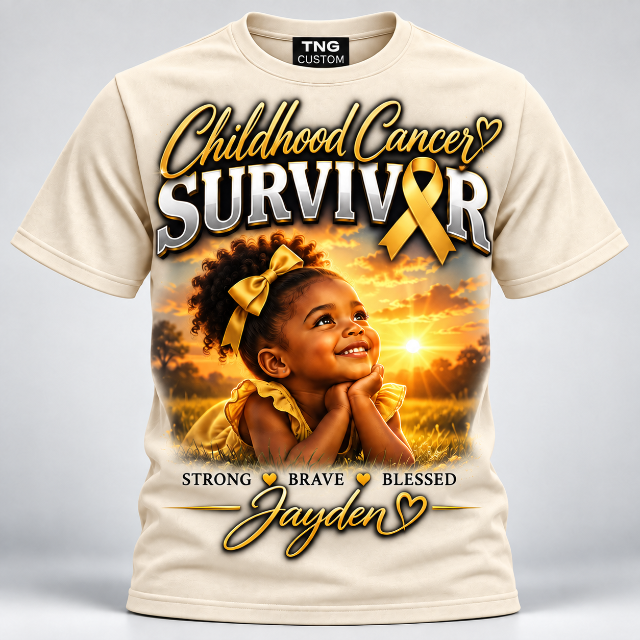 Cream childhood cancer survivor shirt with personalized gold ribbon and young girl design