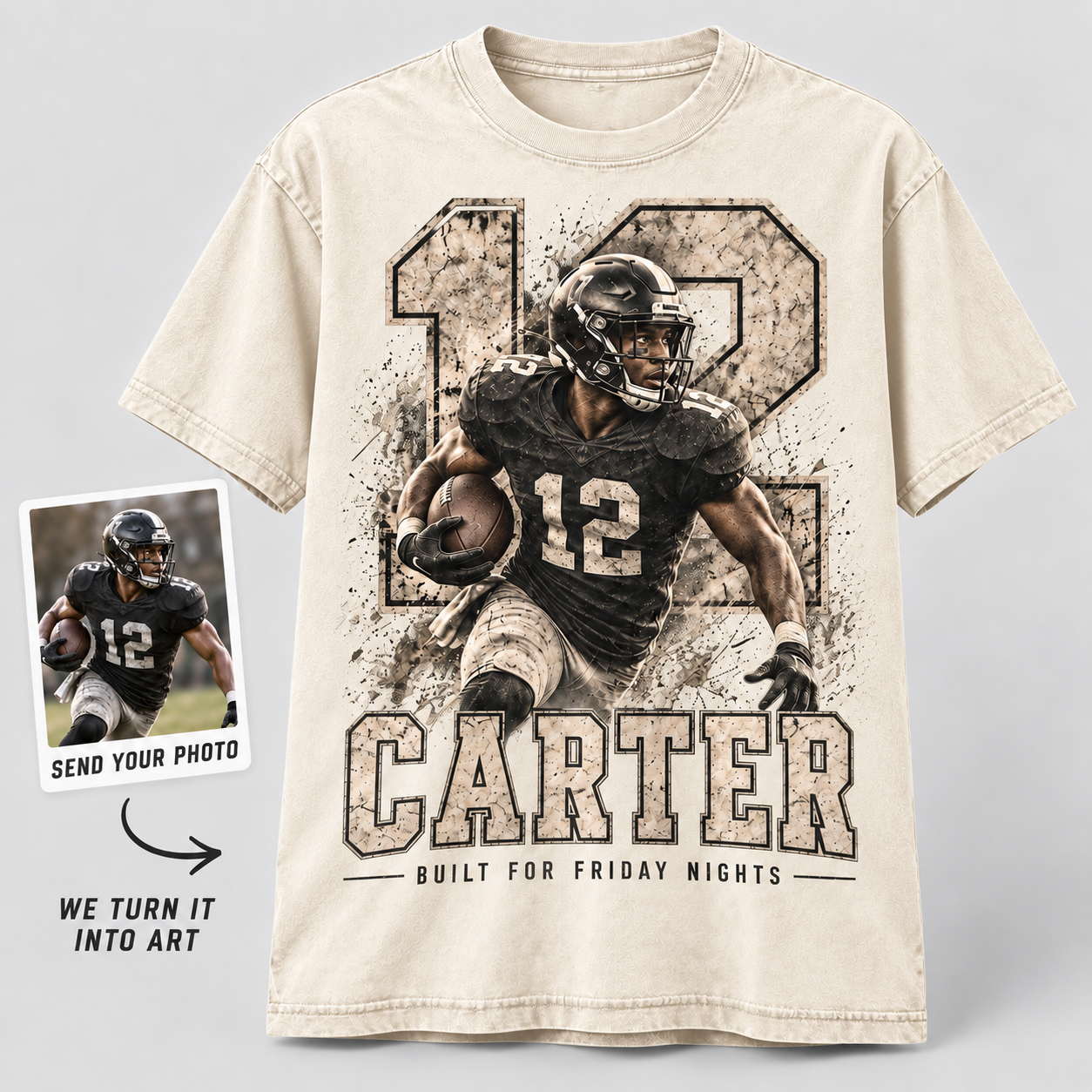 Cream personalized football player shirt with custom player photo, jersey number 12, and Carter name design