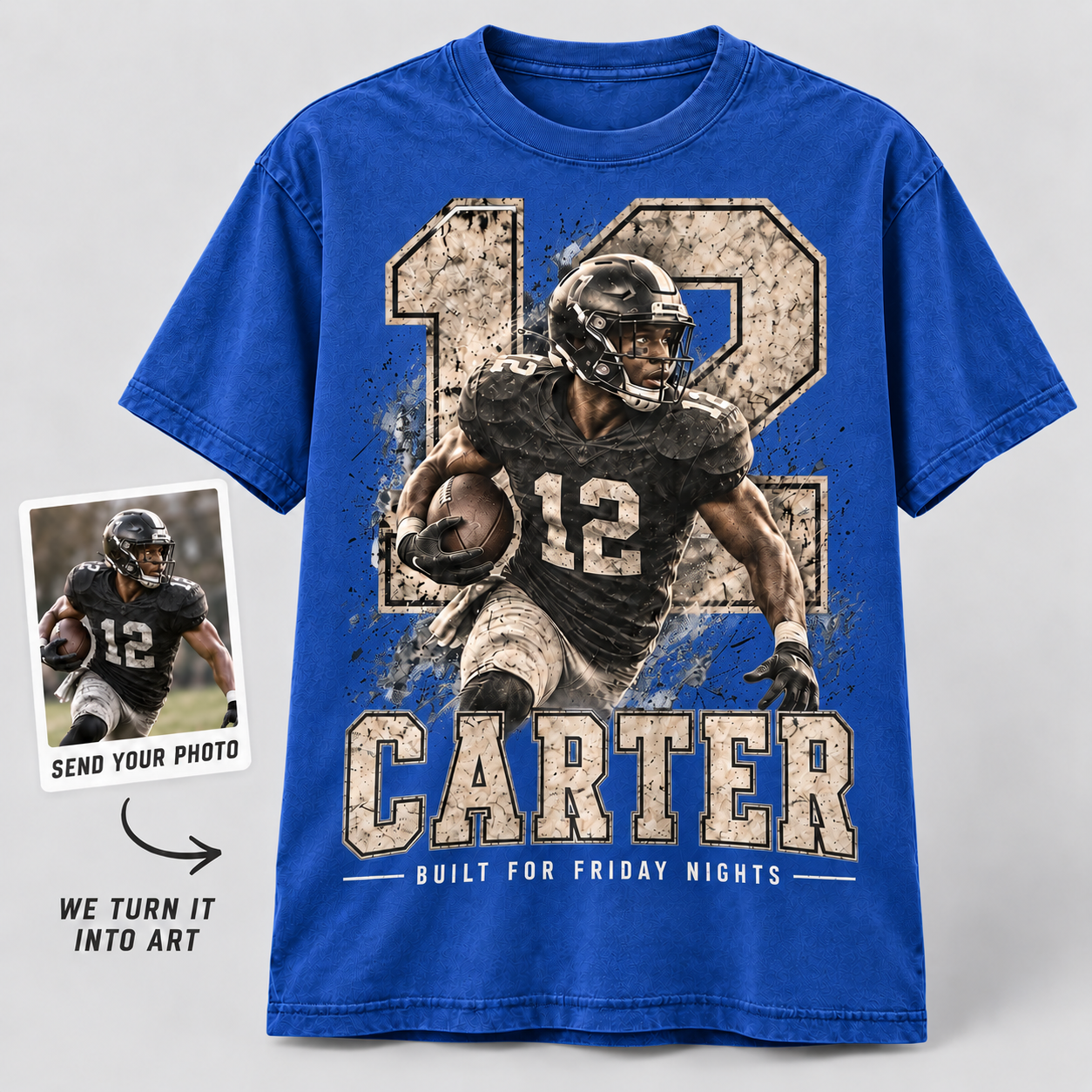 Blue personalized football player shirt with custom player photo, jersey number 12, and Carter name design
