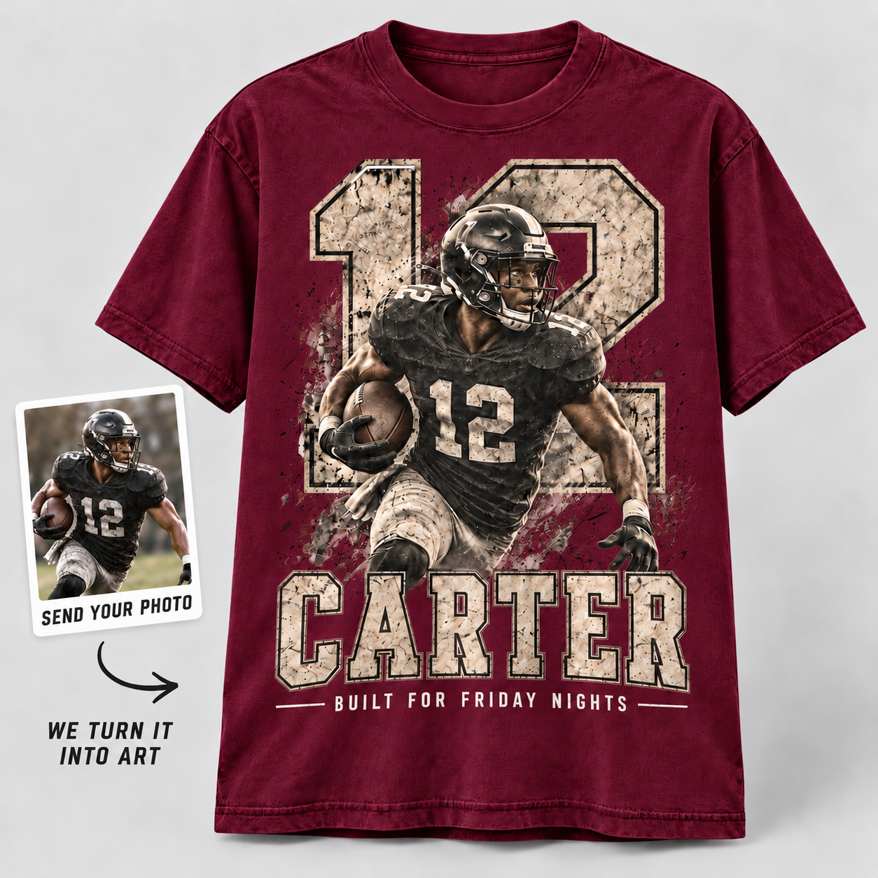 Burgundy personalized football player shirt with custom player photo, jersey number 12, and Carter name design