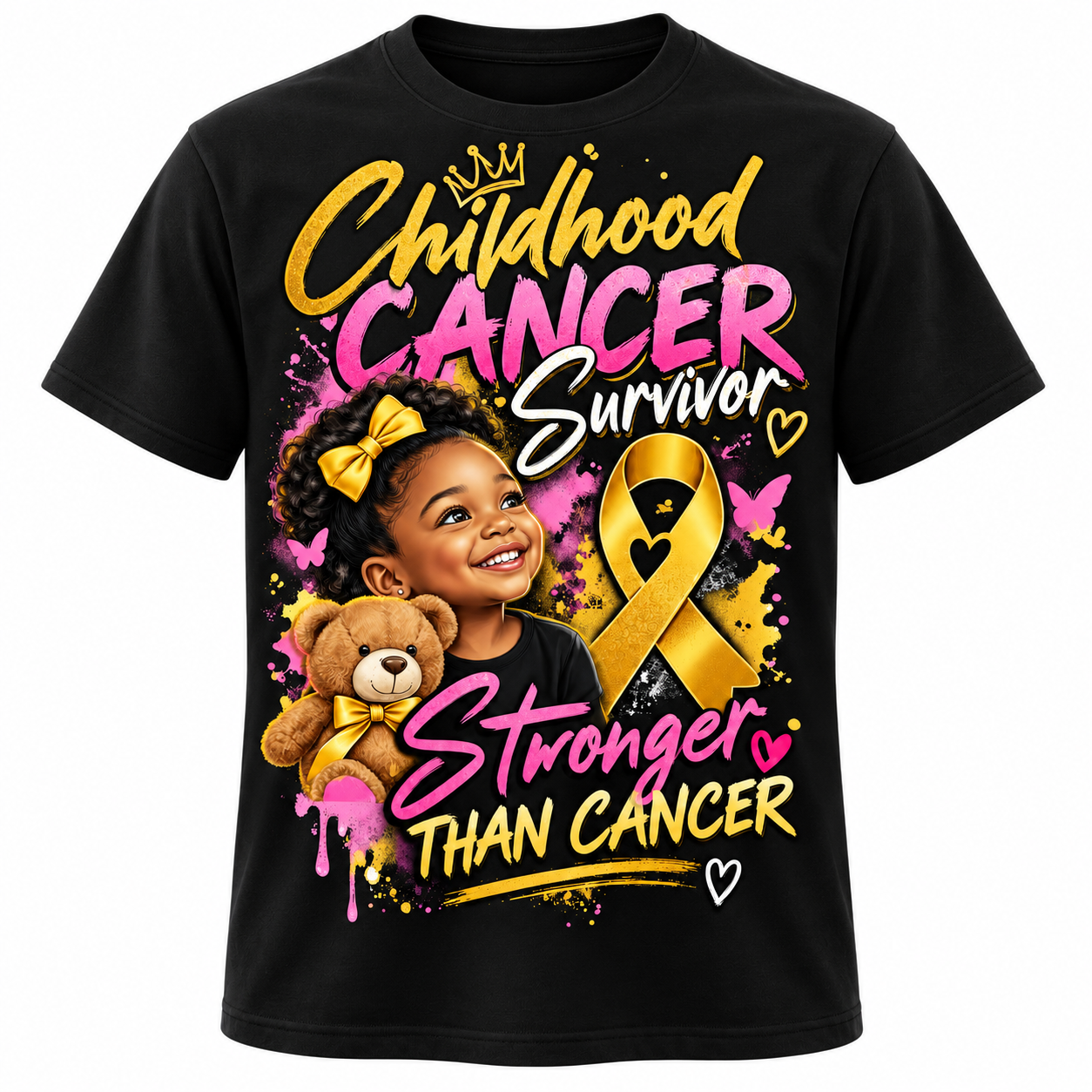 Black childhood cancer survivor shirt with smiling young girl, gold awareness ribbon, teddy bear, and Stronger Than Cancer design