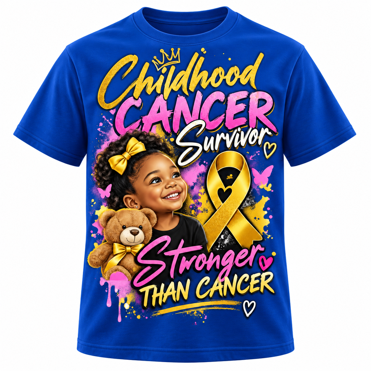 Blue childhood cancer survivor shirt with smiling young girl, gold awareness ribbon, teddy bear, and Stronger Than Cancer design