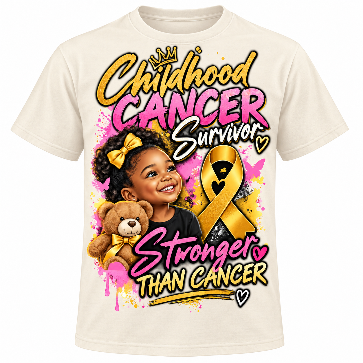 Cream childhood cancer survivor shirt with smiling young girl, gold awareness ribbon, teddy bear, and Stronger Than Cancer design