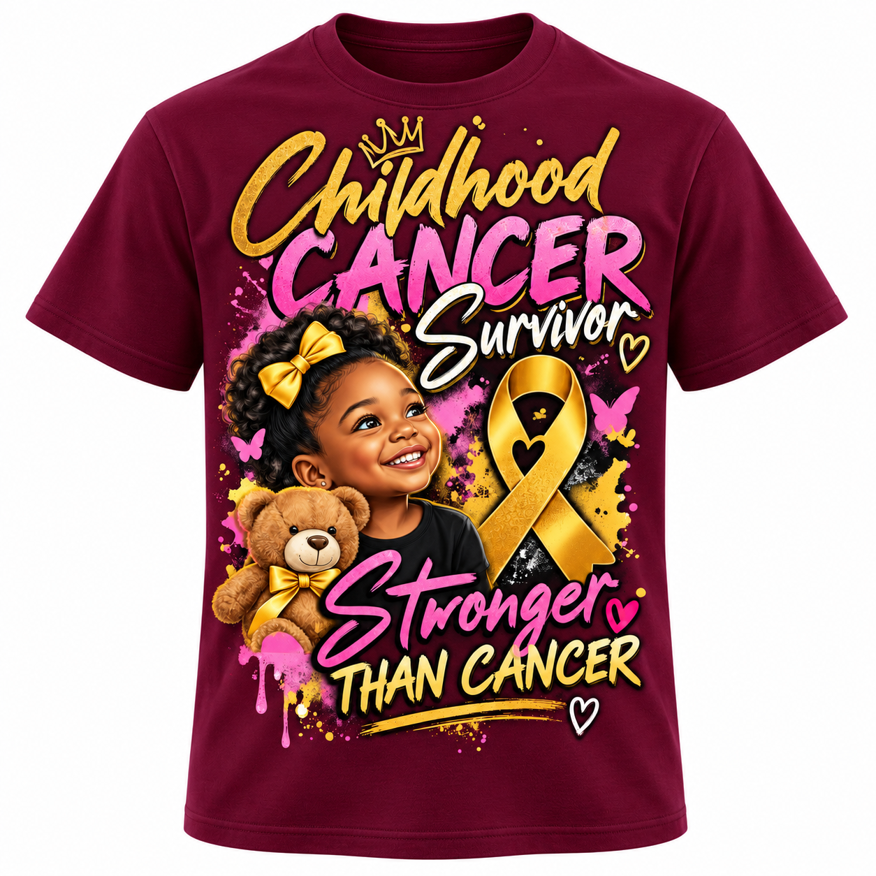 Burgundy childhood cancer survivor shirt with smiling young girl, gold awareness ribbon, teddy bear, and Stronger Than Cancer design