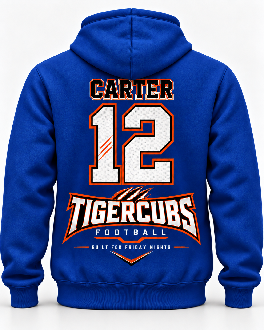 Blue custom football team hoodie with player name number and team design