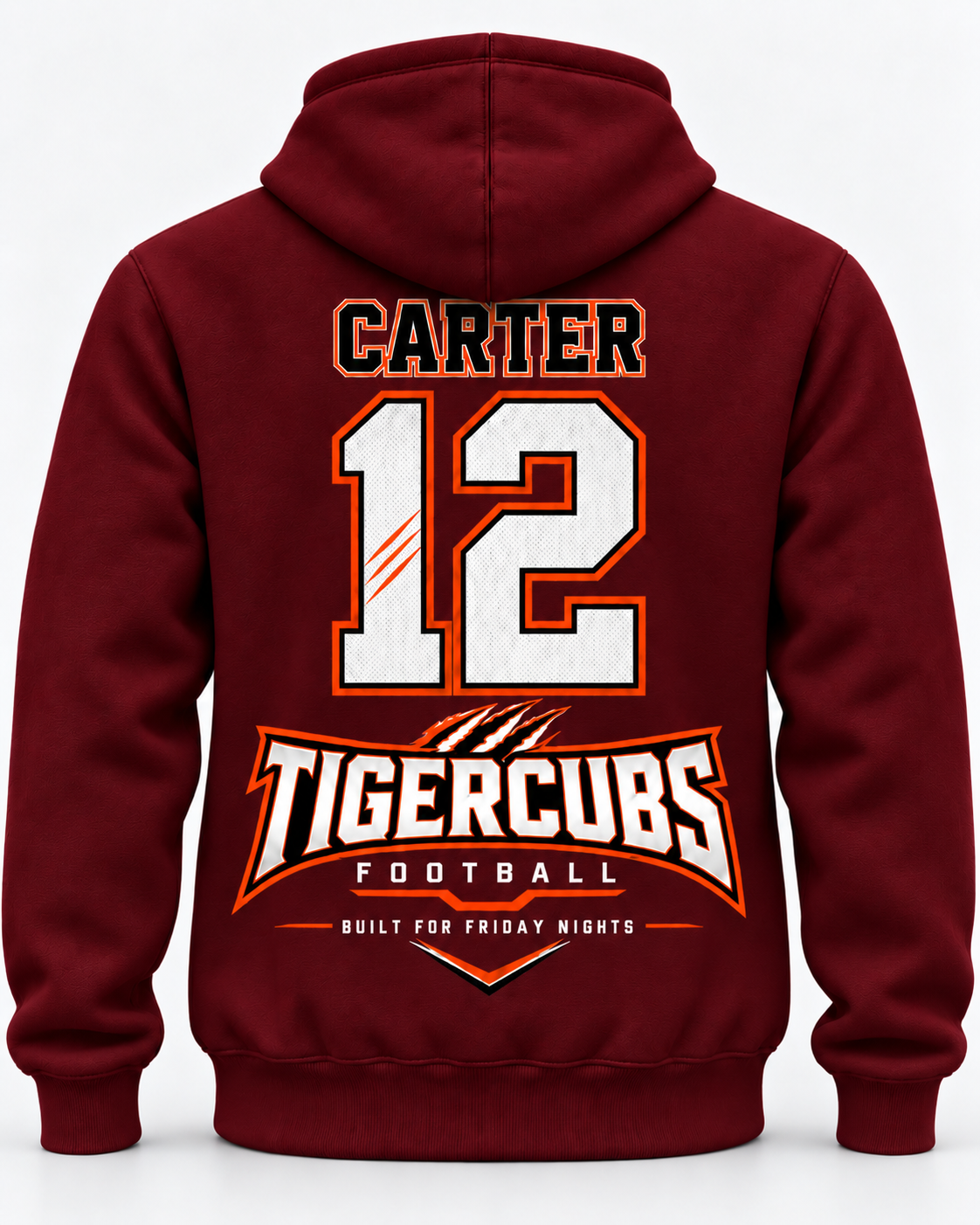 Burgundy custom football team hoodie with player name number and team design