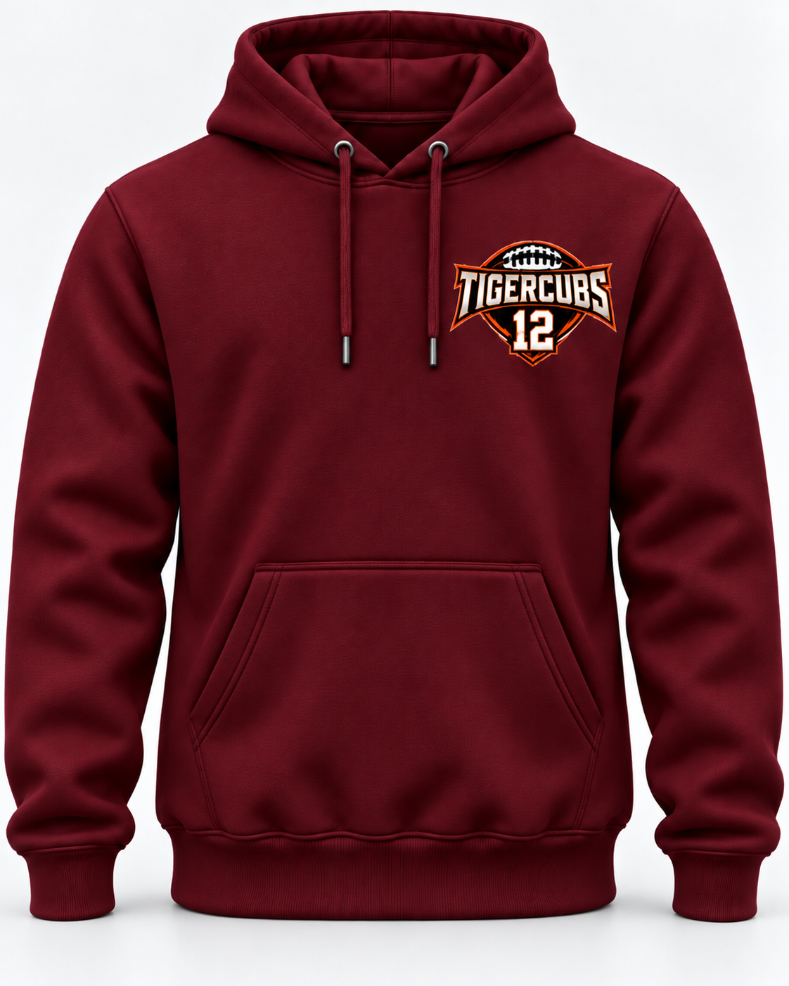 Burgundy custom football team hoodie with personalized chest logo