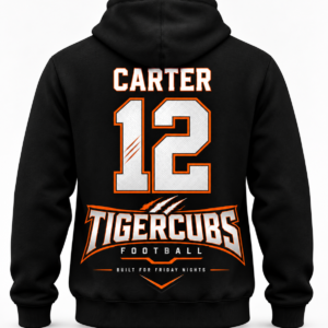 Black custom football team hoodie with player name number and team design