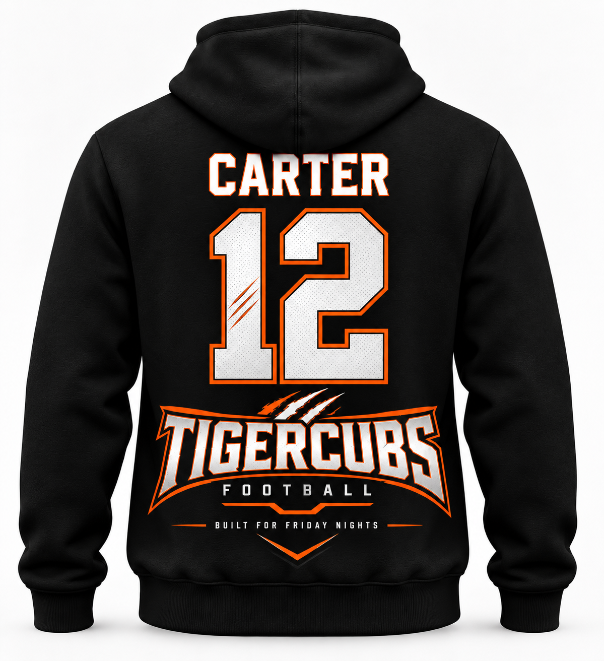 Black custom football team hoodie with player name number and team design