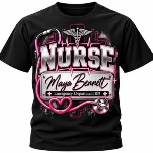 Black personalized nurse shirt featuring a custom name, nursing specialty and RN badge design