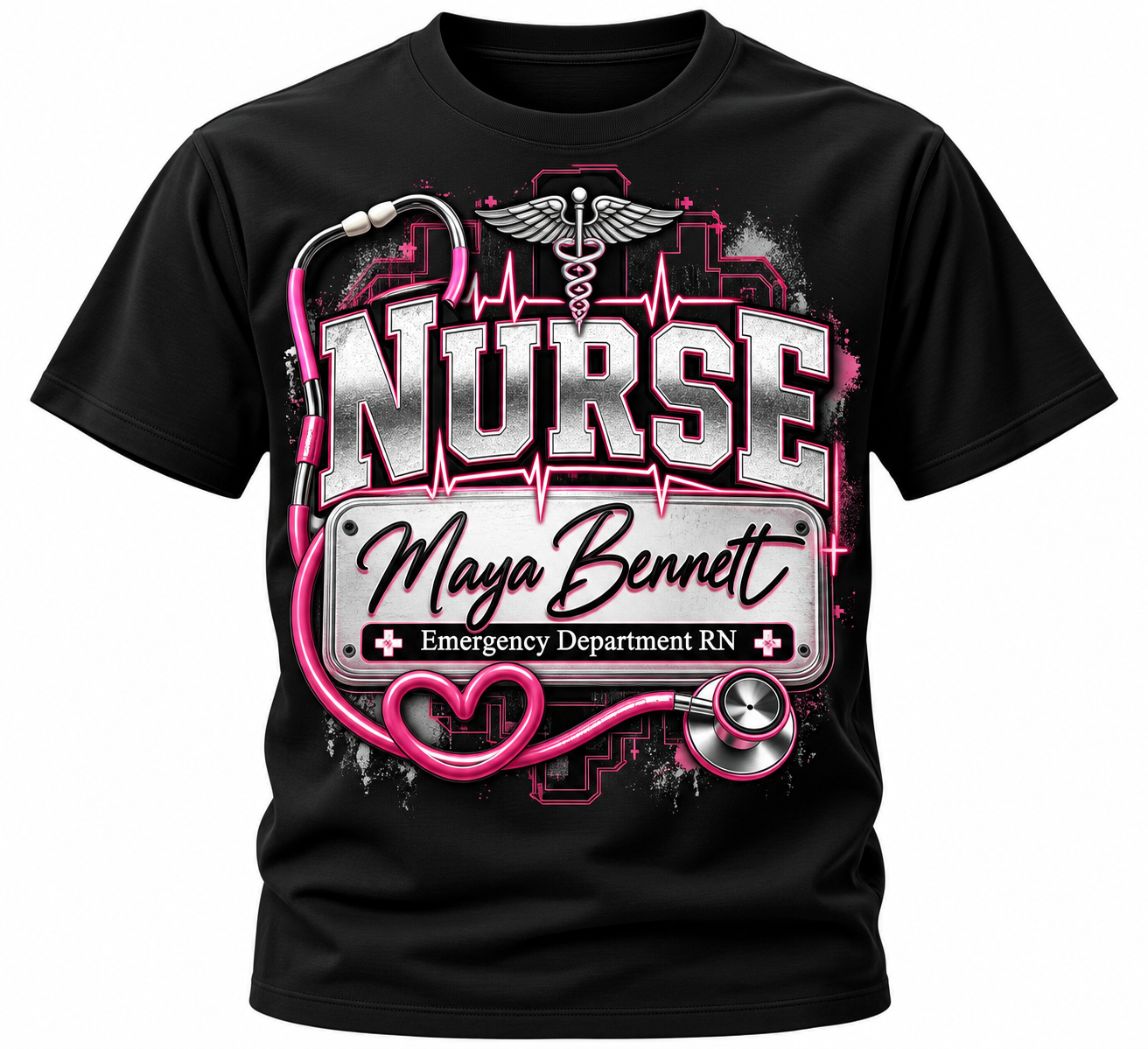 Black personalized nurse shirt featuring a custom name, nursing specialty and RN badge design