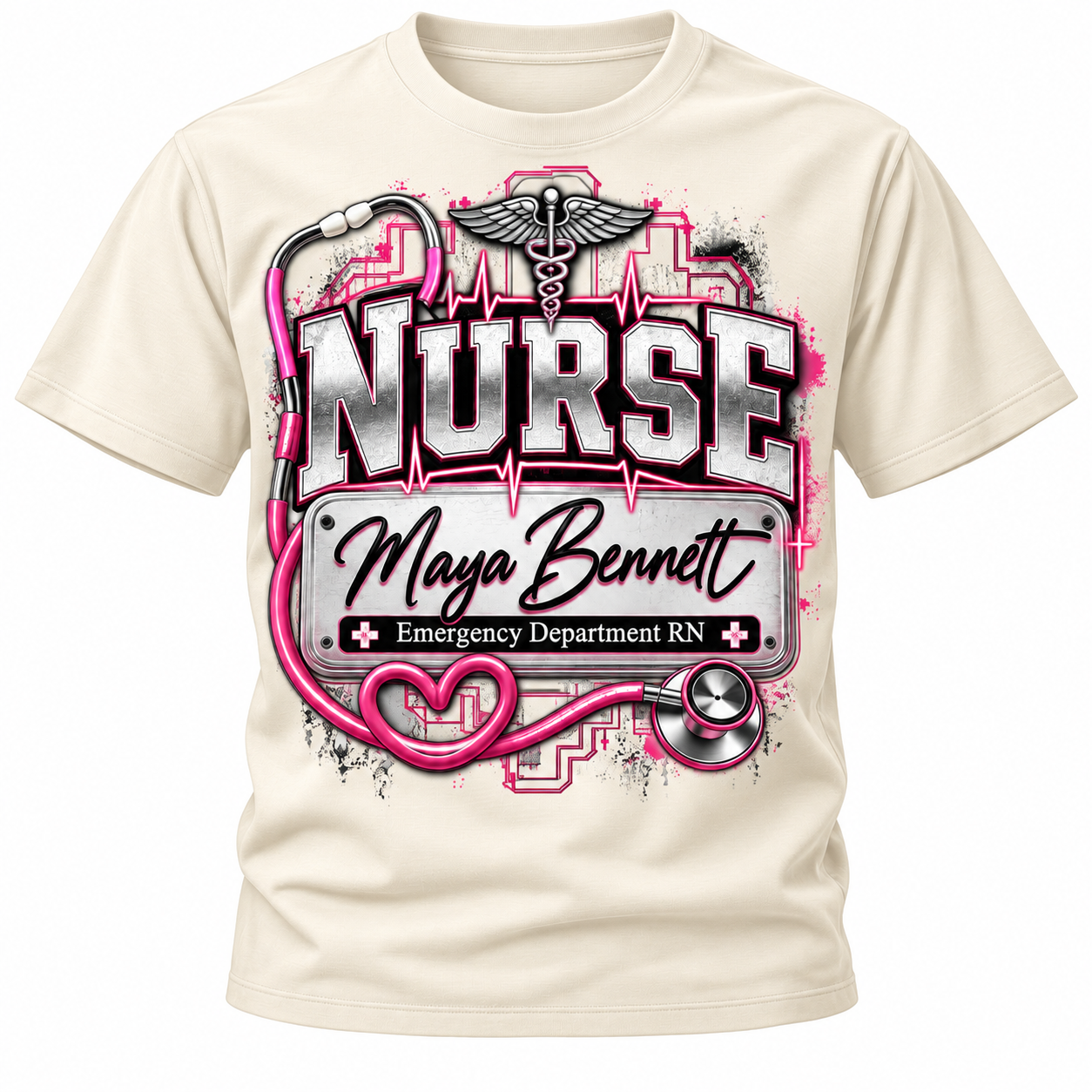 Cream personalized nurse shirt featuring a custom name, nursing specialty and RN badge design