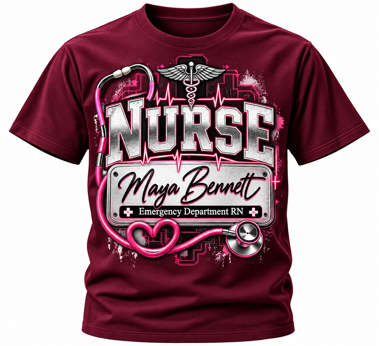 Burgundy personalized nurse shirt featuring a custom name, nursing specialty and RN badge design