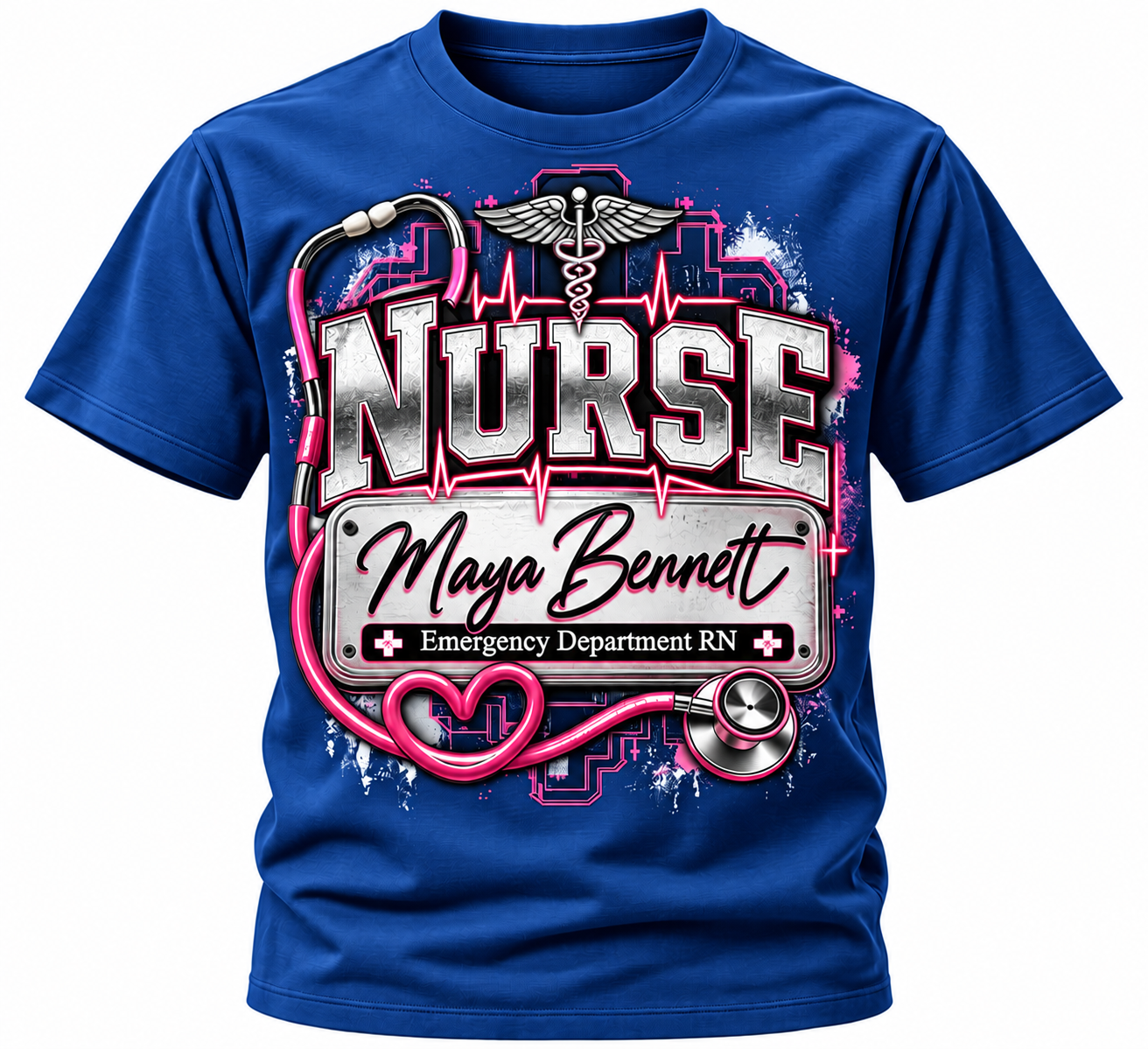 Blue personalized nurse shirt featuring a custom name, nursing specialty and RN badge design
