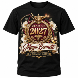 Black Custom Nursing Graduation Shirt — Name, Class Year & Program, front view product mockup.