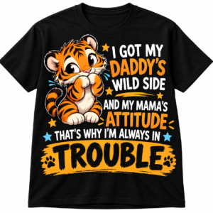 Black funny trouble maker shirt for kids with a playful tiger and Daddy’s Wild Side, Mama’s Attitude design