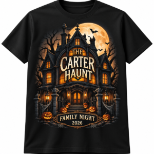 Black Custom Halloween Family Shirts — The Family Haunt, front view product mockup.