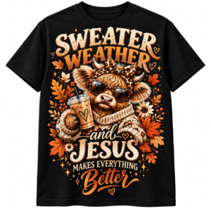 Black fall Christian shirt with Highland cow, autumn leaves and “Sweater Weather and Jesus Makes Everything Better” design