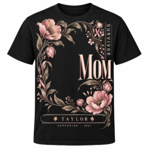 Black Breast Cancer Survivor Mom Shirt with Custom Names front-view product mockup on a white background