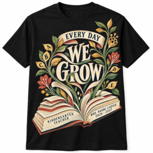 Black Elementary Teacher Shirt — Every Day We Grow front-view product mockup on a white background