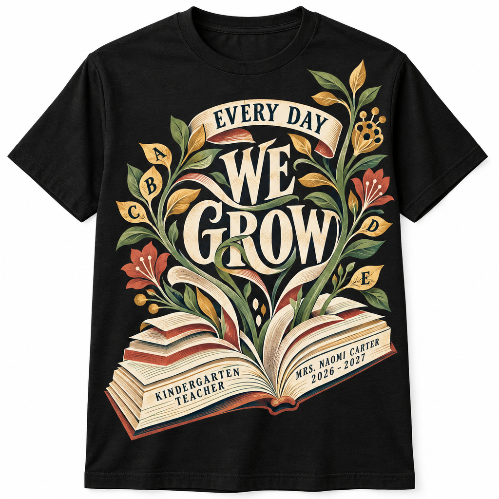 Black Elementary Teacher Shirt — Every Day We Grow front-view product mockup on a white background