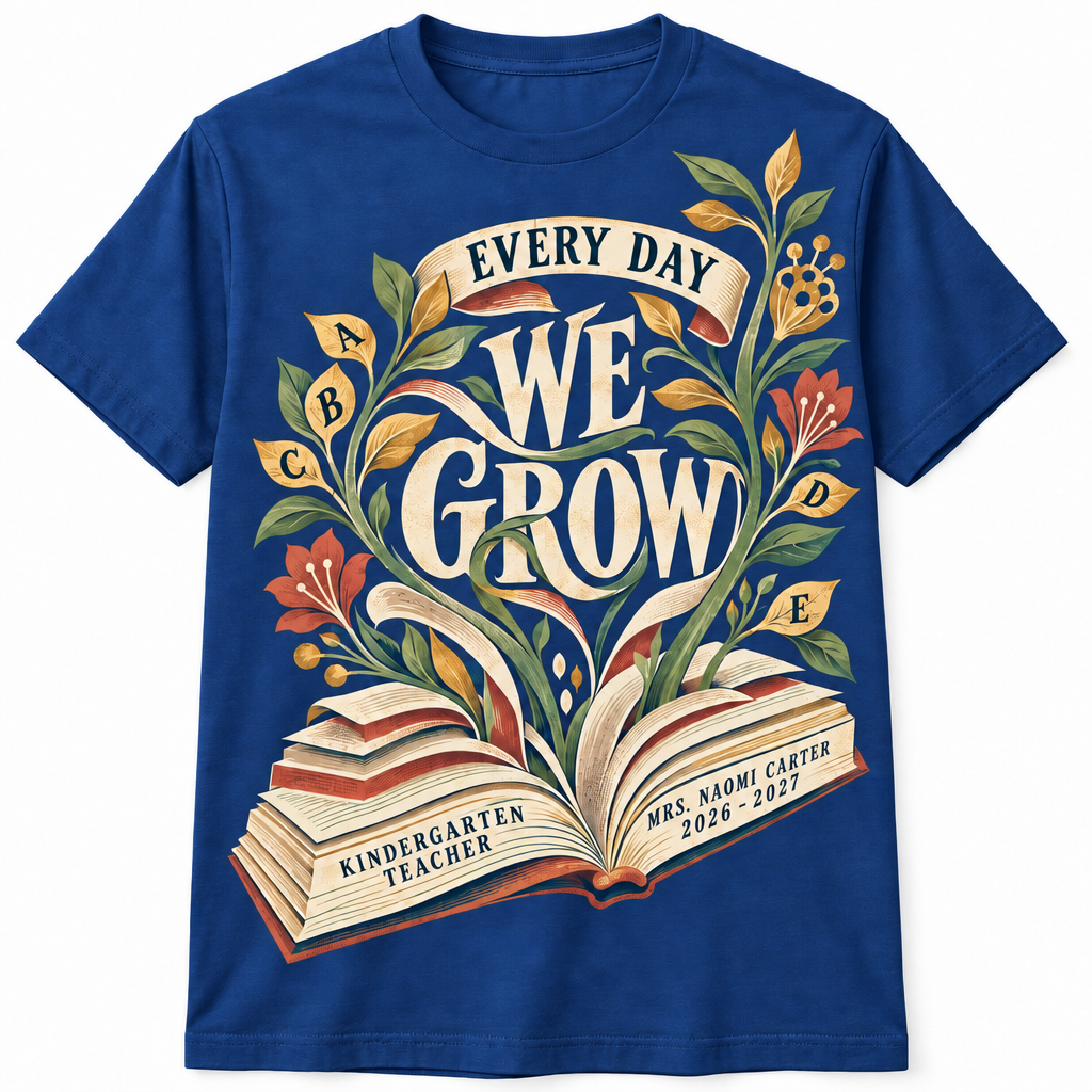 Blue Elementary Teacher Shirt — Every Day We Grow front-view product mockup on a white background