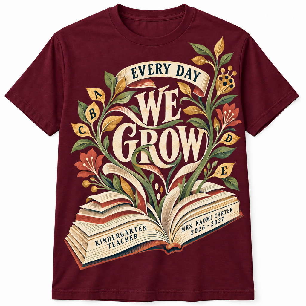 Burgundy Elementary Teacher Shirt — Every Day We Grow front-view product mockup on a white background