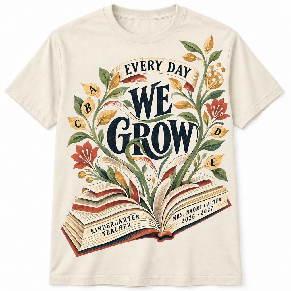 Cream Elementary Teacher Shirt — Every Day We Grow front-view product mockup on a white background
