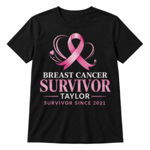 Black Personalized Breast Cancer Survivor Shirt — Name + Survivor Year front-view product mockup on a white background