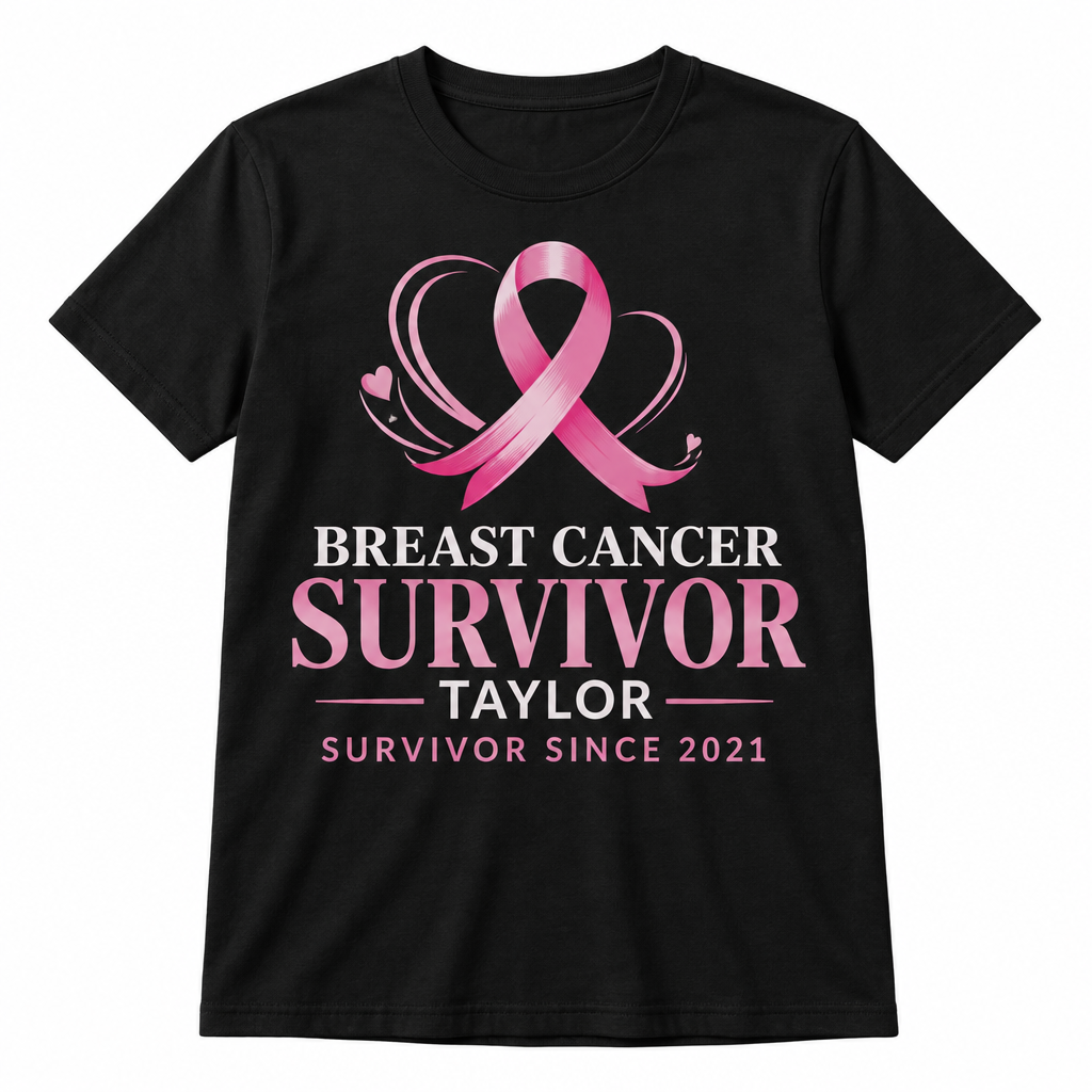 Black Personalized Breast Cancer Survivor Shirt — Name + Survivor Year front-view product mockup on a white background