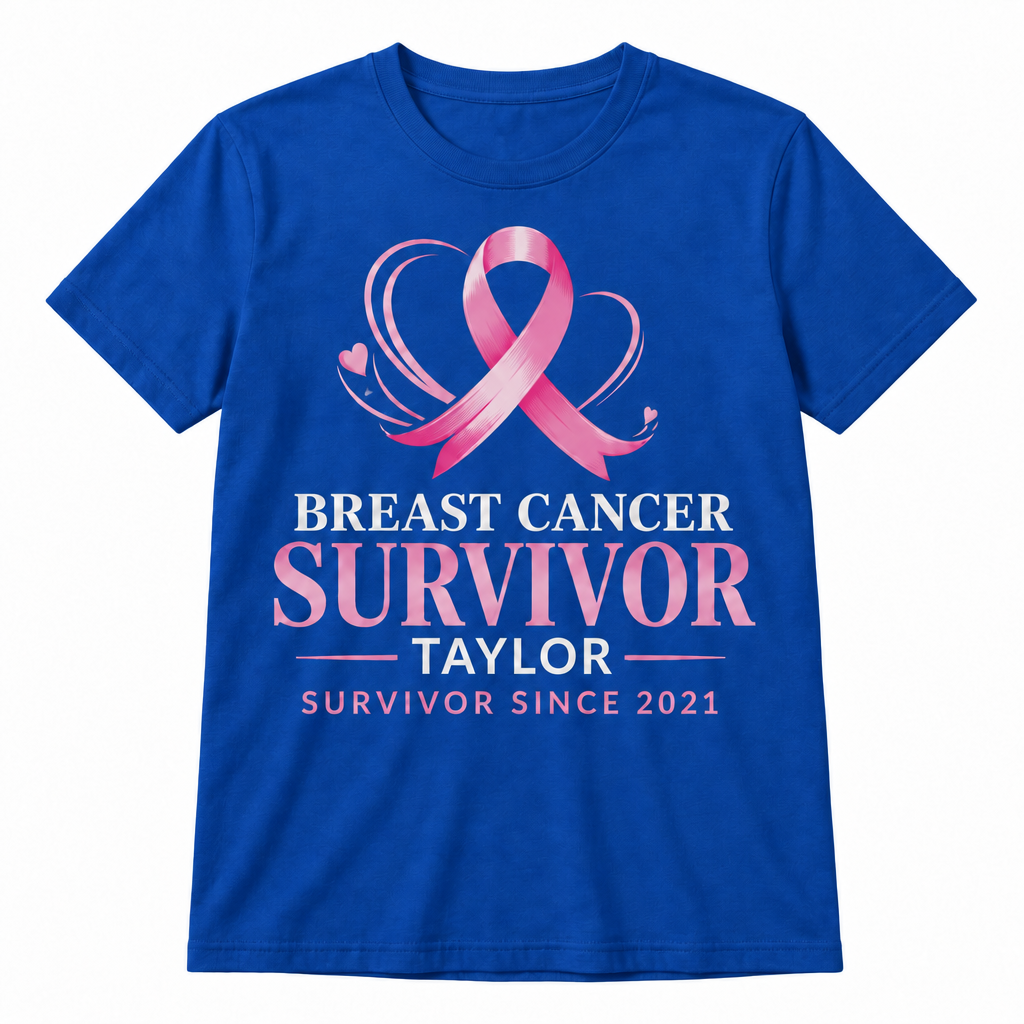 Blue Personalized Breast Cancer Survivor Shirt — Name + Survivor Year front-view product mockup on a white background