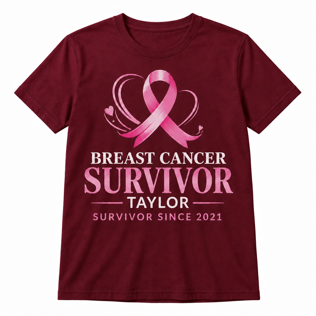 Burgundy Personalized Breast Cancer Survivor Shirt — Name + Survivor Year front-view product mockup on a white background