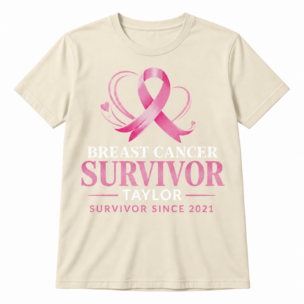 Cream Personalized Breast Cancer Survivor Shirt — Name + Survivor Year front-view product mockup on a white background