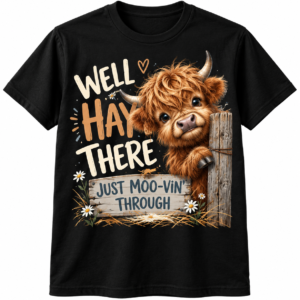 Black Well Hay There Highland Cow Funny Farm T-Shirt, front view product mockup.