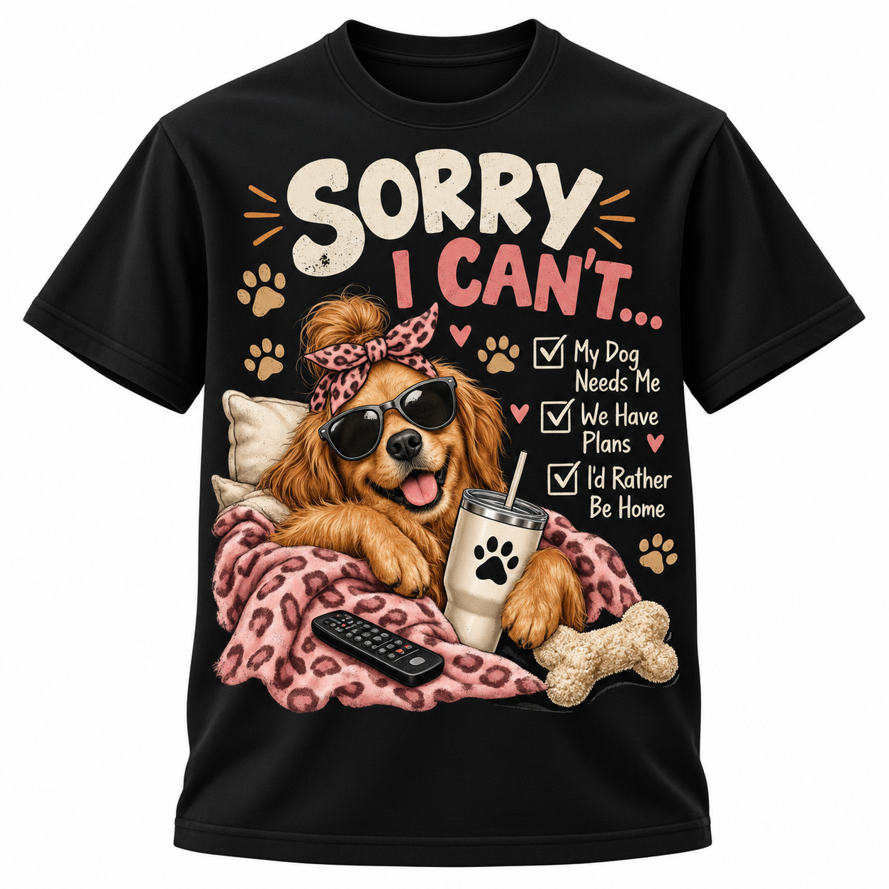 Black Sorry I Can’t My Dog Needs Me T-Shirt, front view product mockup.